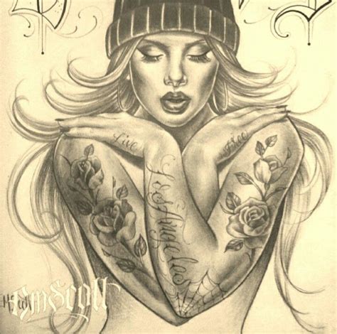 A Drawing Of A Woman With Tattoos On Her Arms And Chest Wearing A Beanie