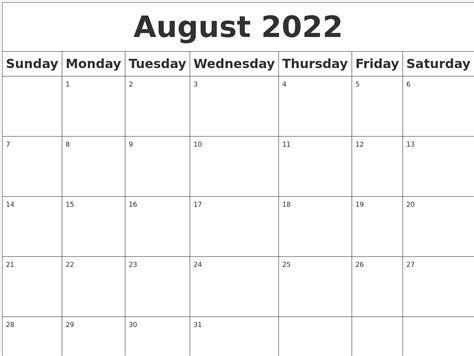 August 2022 Blank Calendar