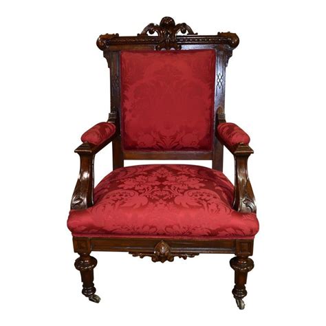 1900s Antique Gothic Revival Victorian Carved Walnut Parlor Chair In