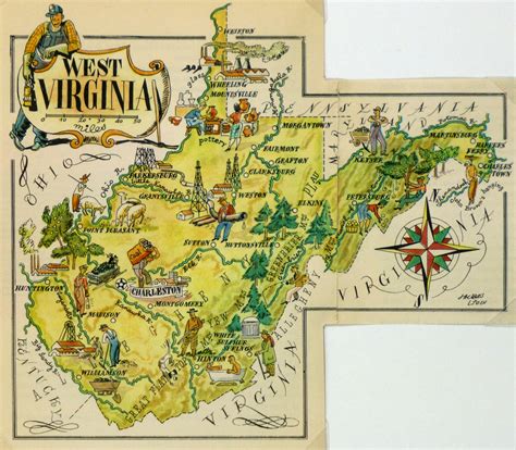 Antiques West Virginia Antique Vintage Pictorial Map Au6313081