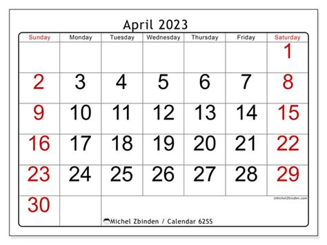 April 2023 Printable Calendar “62ss” Michel Zbinden Za