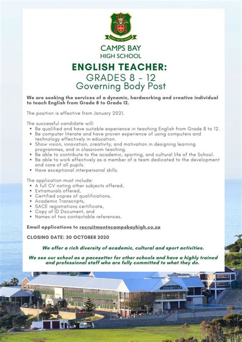 Cbhs Job Vacancy English 16 Oct 20 Camps Bay High School