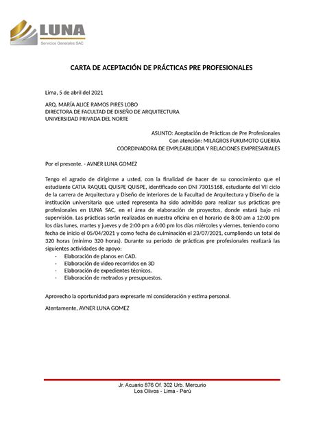 Modelo De Carta De Aceptacion Para Practicas Pre Prof Vrogue Co