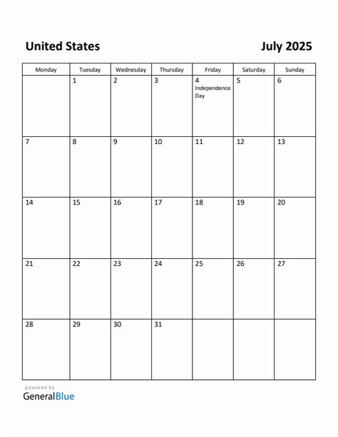 Free Printable July 2025 Calendar For United States