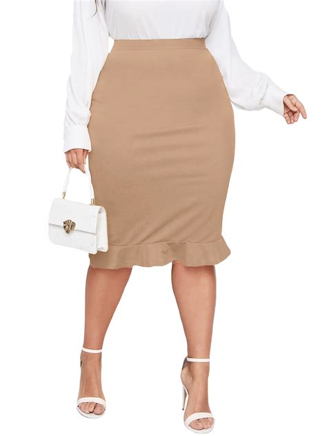 Poseshe Womens Plus Size Pencil Skirt For Work Black Office Skirts For Women Fashion Ruffle