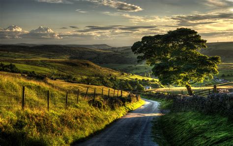 Countryside Nature Scenery Fence Hills Road Trees Wallpaper