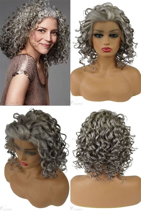 wigsbuy salt and pepper hair medium length human hair lace front curly wigs 14 inches short