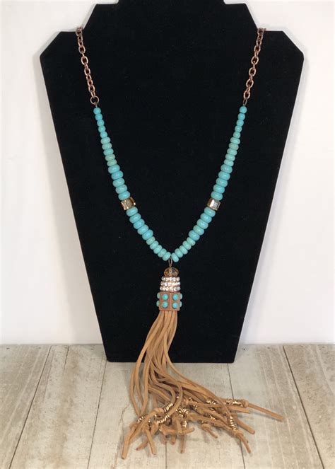 Turquoise Bead Necklace W Bling Leather Tassel Turquoise Bead