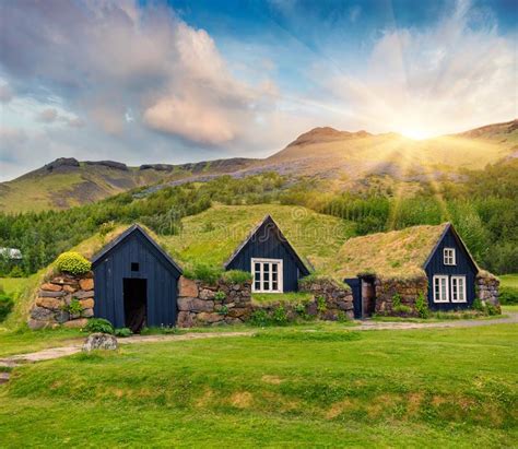 Tipical View Of Icelandic Turf Top Houses Wonderful Summer Sunrise In