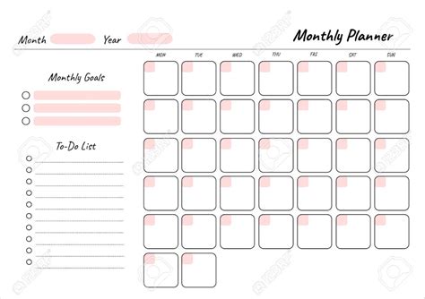 Monthly Planner Printable Template Vector Blank White Notebook In
