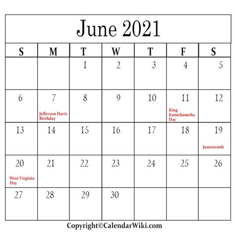 June 2021 Calendar With Holidays June Holidays 2021
