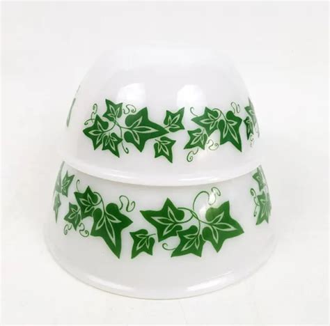 VINTAGE HAZEL ATLAS Set 2 Milk Glass Ivy Green Leaf Mixing Bowls