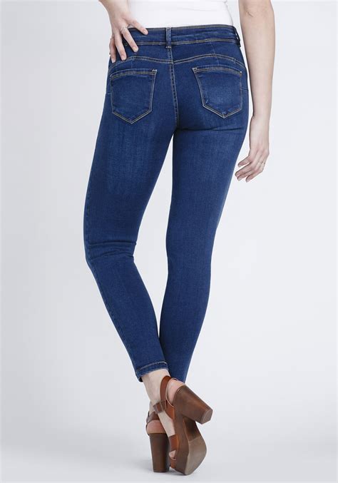 Women S Indigo Stacked Button Skinny Jeans Warehouse One