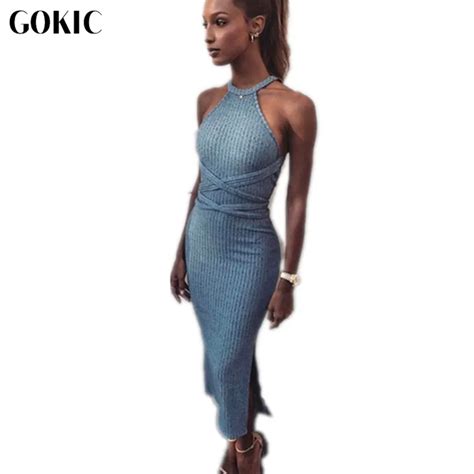 Gokic Elegant Halter Blue Bandage Dress Women New Sexy Side Split