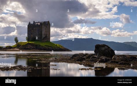 Castle Stalker Stands Impressively Over Loch Laich In Scotland Stock