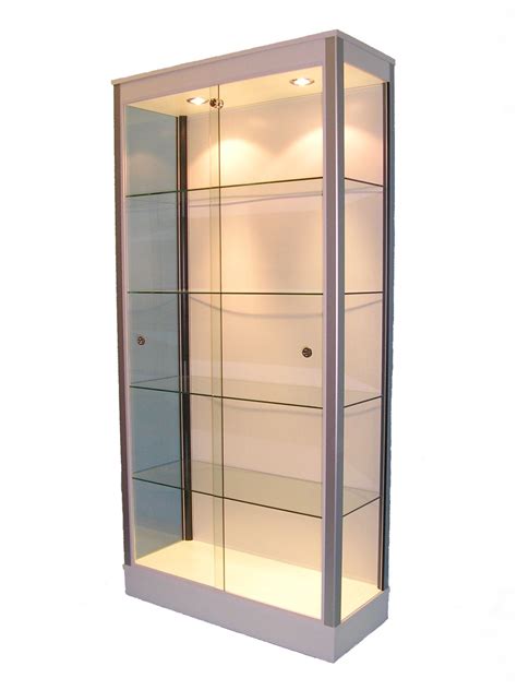Large Glass Display Cabinet In White With Led Lights In Top Rail