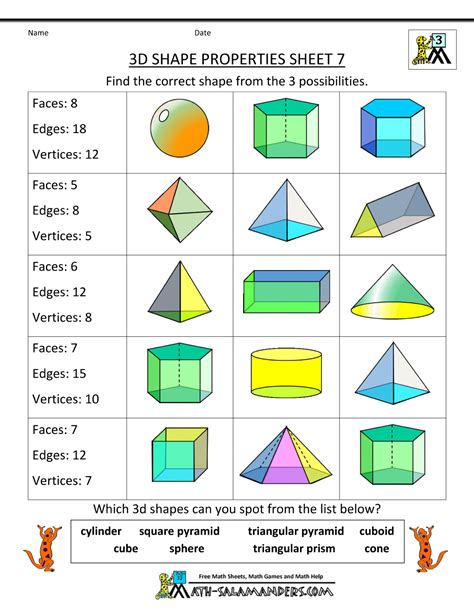 3d Shape Worksheets Properties 7 3d Shapes Worksheets Geometry