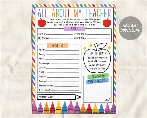 Favorites Teacher Survey Editable Template Getting To Know My Teacher
