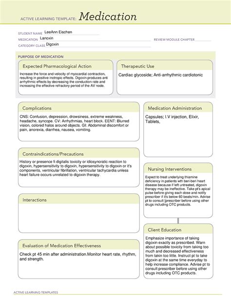 Digoxin Medication Template Ati Format Active Learning Templates