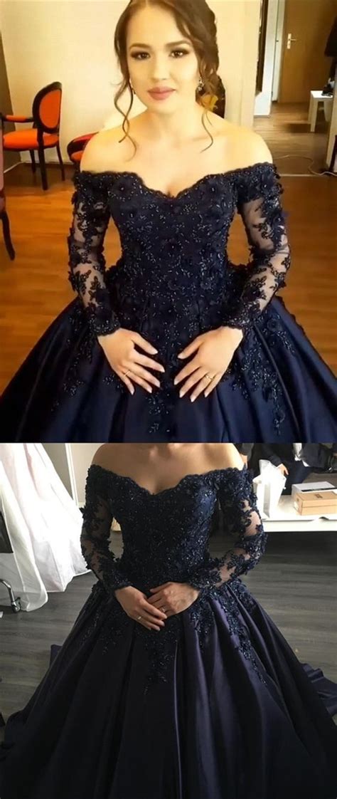 Fits true to size and stays off the shoulder and in. Ball Gown Off-the-Shoulder Long Sleeves Navy Blue Gorgeous ...