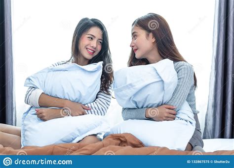 Two Asian Lesbian Looking Together In Bedroombeauty Concept Ha Stock
