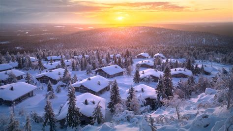 Snow Covered Houses Trees Village Forest During Sunrise Hd Winter