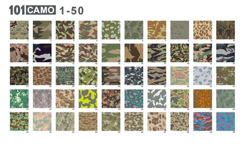 Various Camouflage Patterns Are Shown In Different Colors