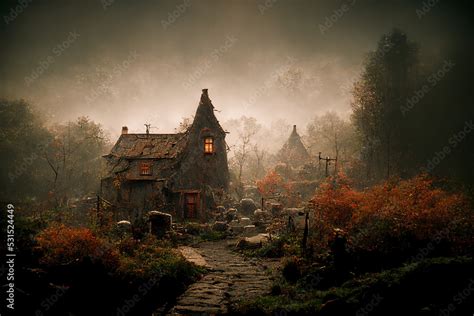 Spooky Witch Hut Of Mystical Ghost Land Village 3d Art Halloween Horror