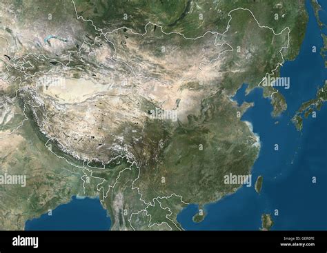 Satellite View Of China And Eastern Asia With Country Boundaries