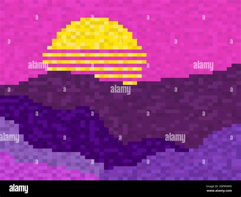 Retro Sun And Mountain Landscape In Pixel Art Style 8 Bit Sun