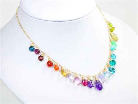 Rainbow Multi Gemstone Necklace In Gold Filled Precious Drop Necklace