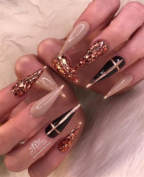 Bling Bling Nails Stiletto Acrylic Manicure With Taupe Gold Glitter