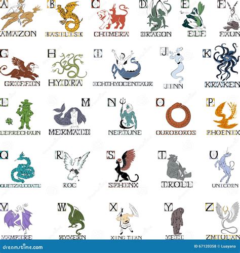 Alphabet With Mythical Creatures Stock Vector Illustration Of Horror