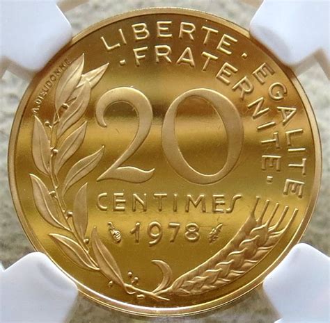 1978 Gold France Piefort 20 Centimes Ngc Proof 65 Ultra Cameo Only 141