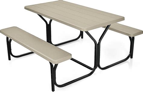 Tangkula Picnic Table Bench Set Outdoor Picnic Table With 2 Benches Metal Camping