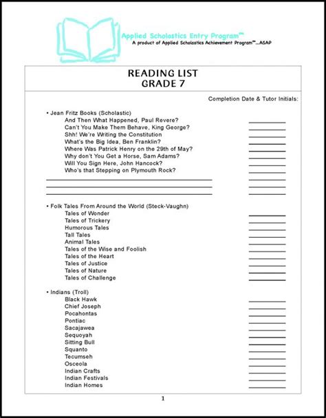 Reading List Grade 7 Applied Scholastics Online