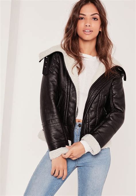 Missguided Black Faux Shearling Leather Look Aviator Pilot Jacket