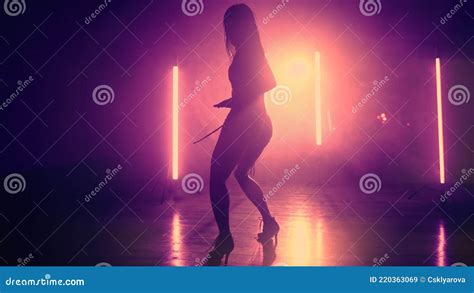 Silhouette Of Woman In Shorts And Heels Dancing Modern Dance Twerk Lady Shaking Twerking Her