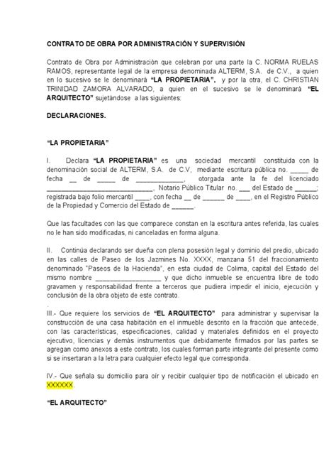 Contrato De Obra Por Administración Y Supervisión Pdf Arquitecto