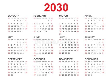Calendario 2030 Plantilla Vector Simple Diseño Mínimo Planificador 2030