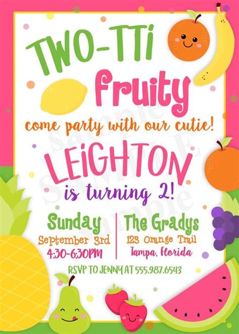 Two Tti Fruity Birthday Invitation Tutti Frutti Second Etsy Fruit Birthday Party Tutti