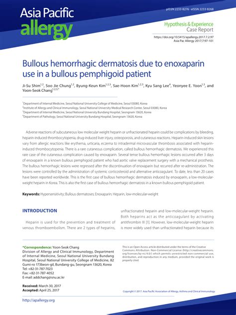 Pdf Bullous Hemorrhagic Dermatosis Due To Enoxaparin Use In A Bullous