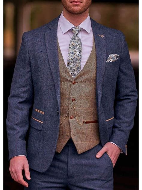 Blue Tweed Wedding Suit With Brown Waistcoat Marc Darcy Dion Ted Blue