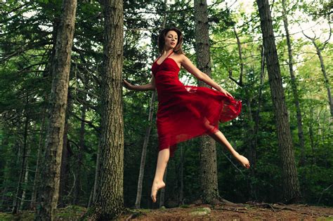 Wallpaper Red Girl Beautiful Forest Dance Jump Woods Dress