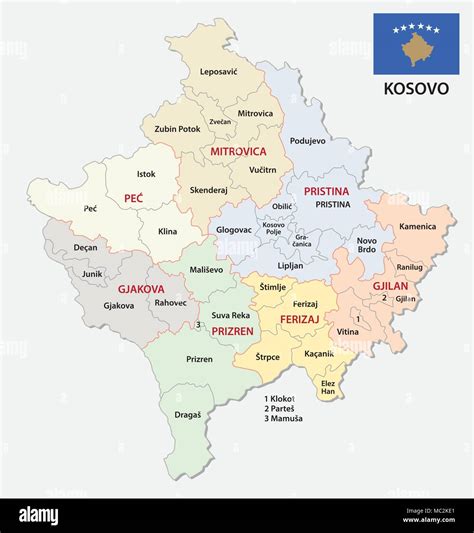 Il Kosovo Politica E Amministrativa Di Mappa Vettoriale Con Bandiera