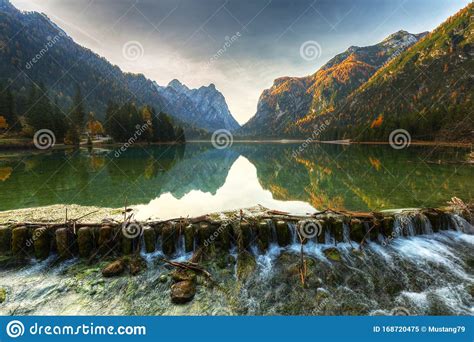 Dolomites Mountains With Reflection In Lago Di Dobbiaca