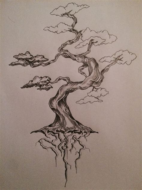 A Drawing Of A Bonsai Tree With Clouds In The Background