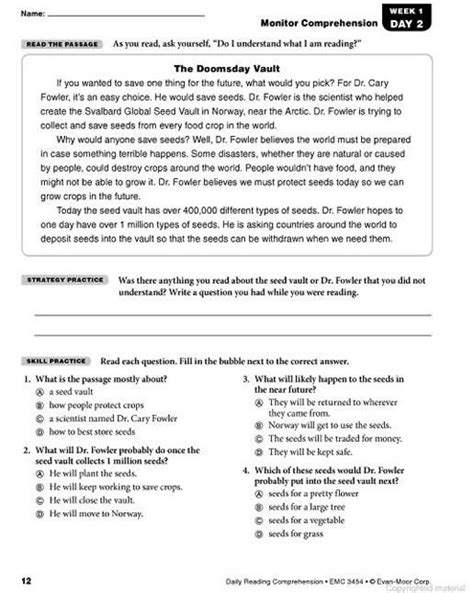 Daily Reading Comprehension Grade 4 Worksheets Worksheets Master