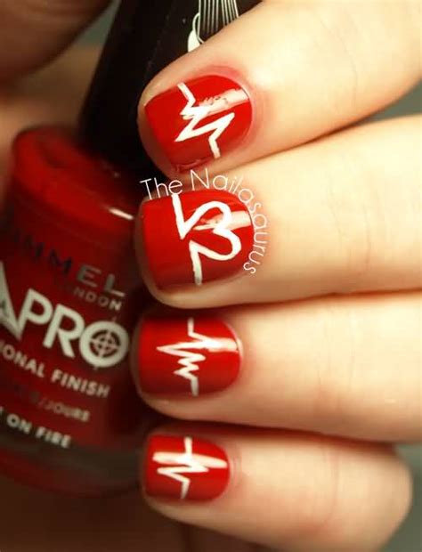 Glossy Red Nails With White Heartbeat Nail Art Design Idea