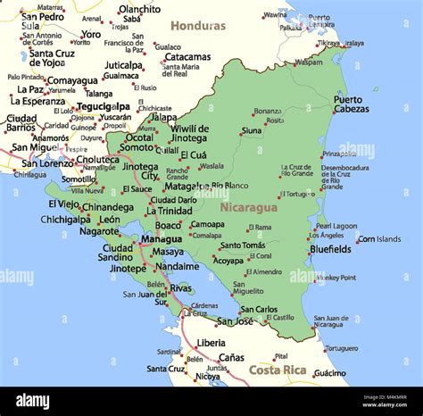 Mapa De Nicaragua Muestra Las Fronteras De Los Países Las Zonas